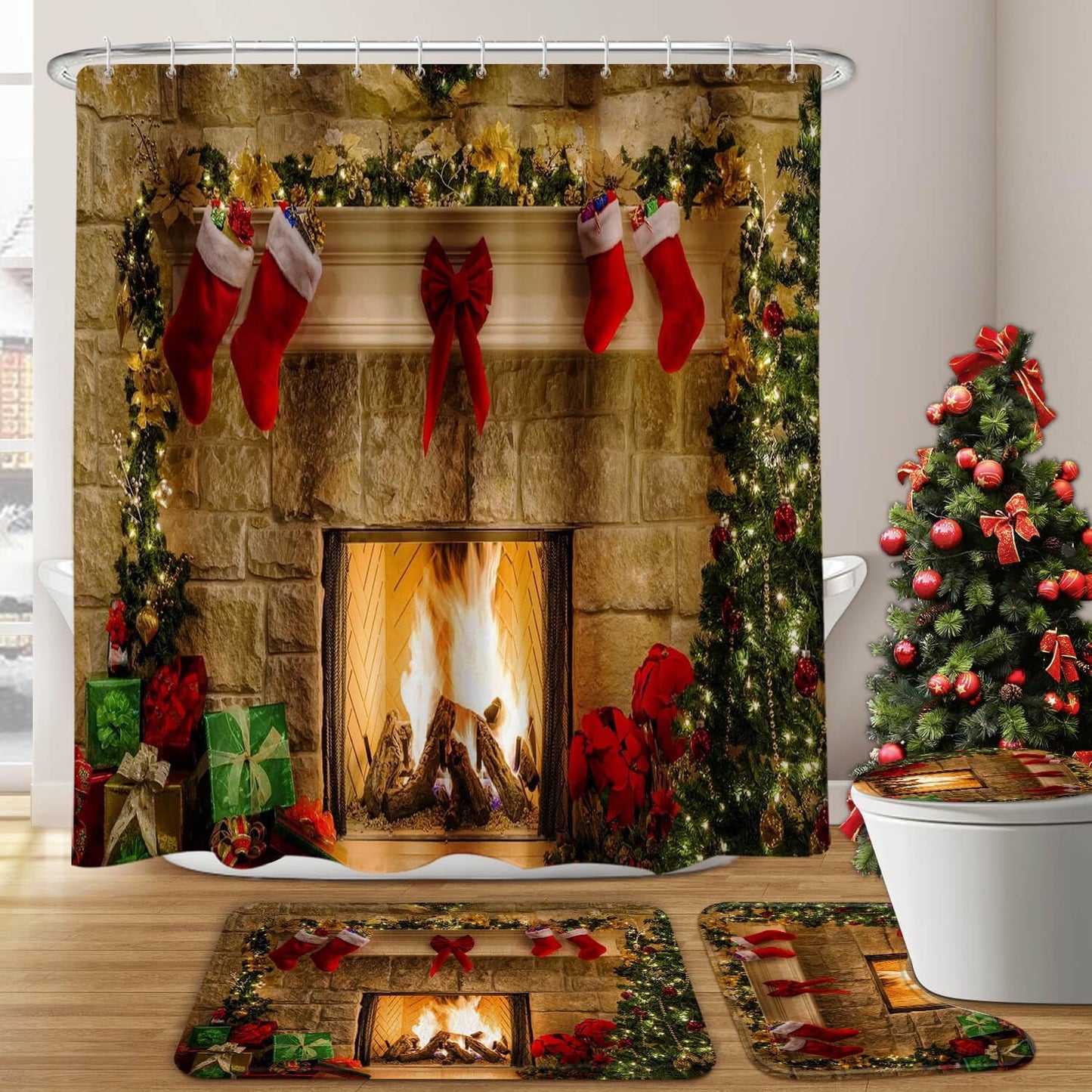 Xmas Cheer Bathroom Set, Waterproof, Fireplace & Tree Pattern