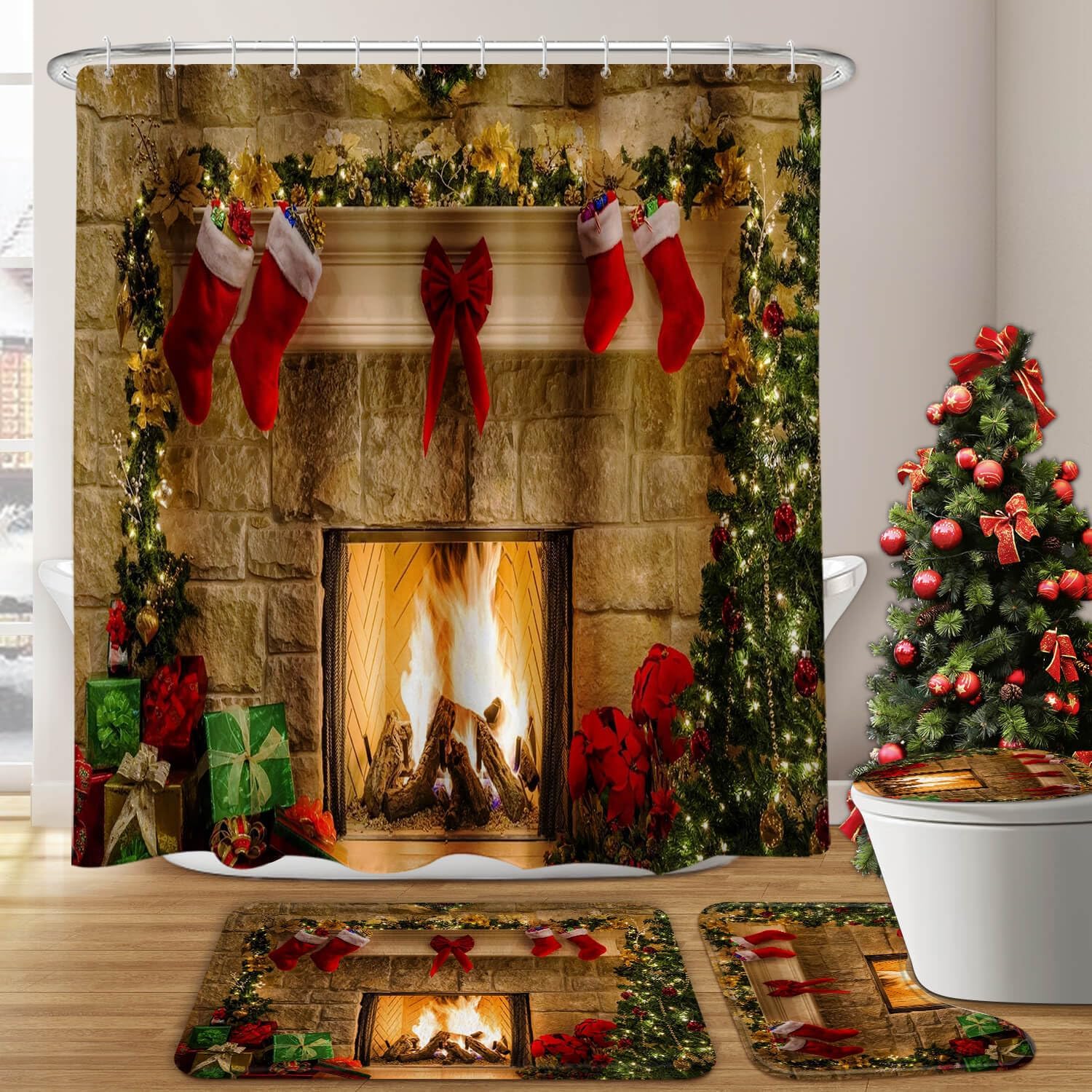Xmas Cheer Bathroom Set, Waterproof, Fireplace & Tree Pattern