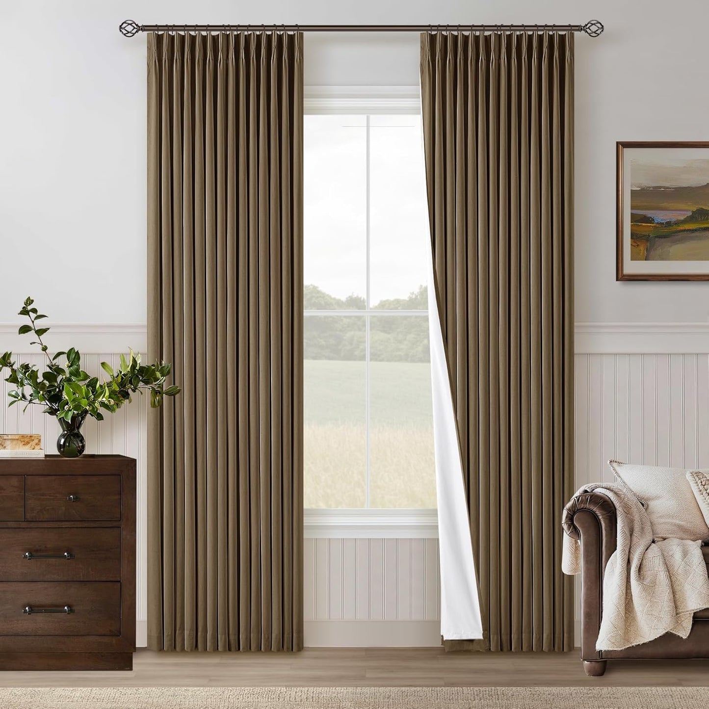Brown Pinch Pleated 100% Blackout Linen Curtains for Bedroom