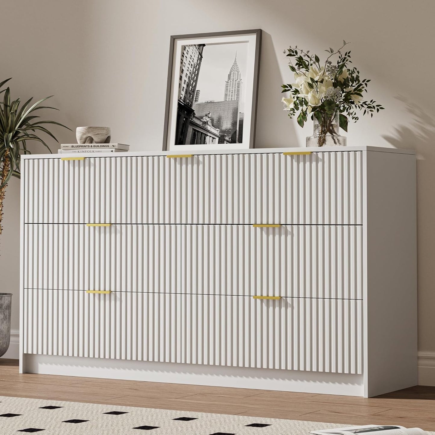 Modern Fluted 7 Drawer Dresser with Gold Handles for Bedroom