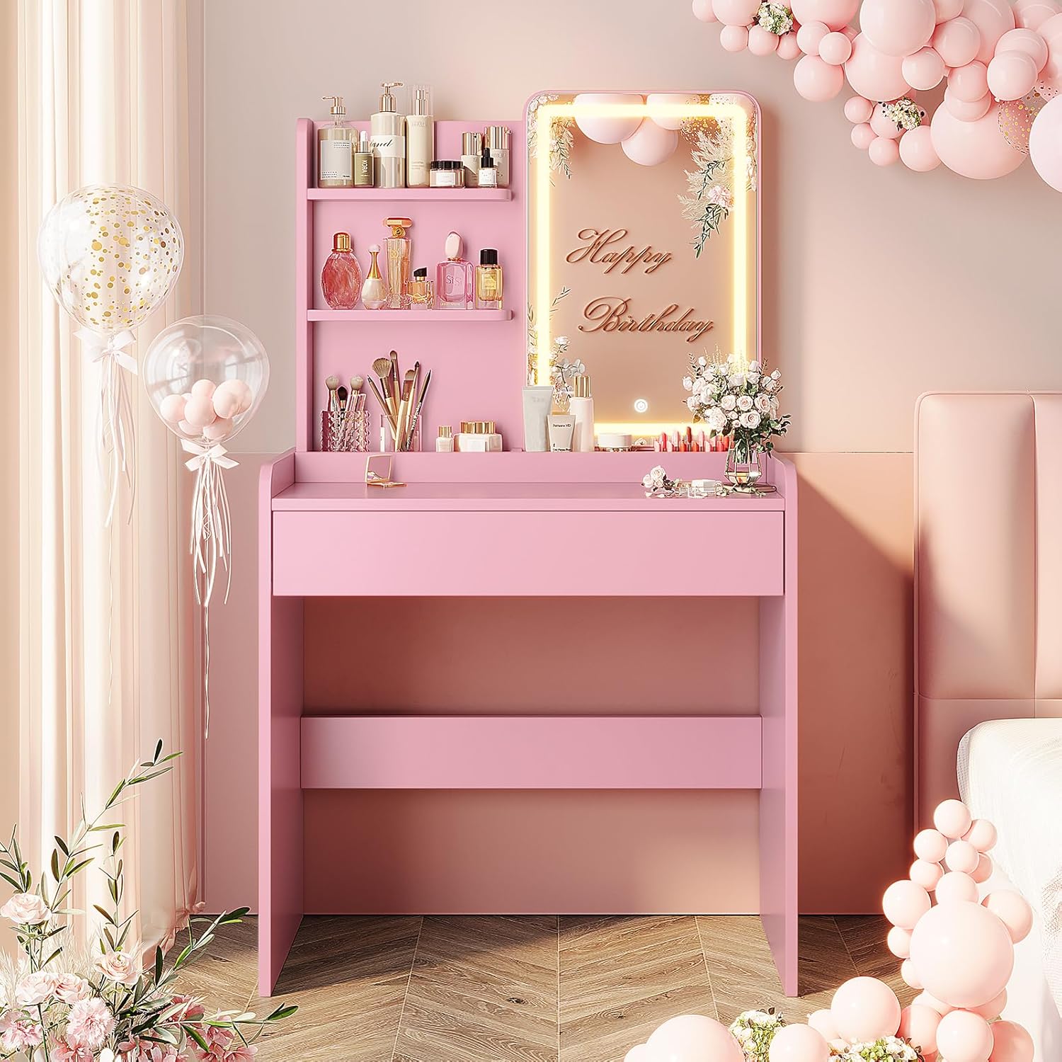 Small Vanity Desk with Mirror and Lights for Makeup Lovers