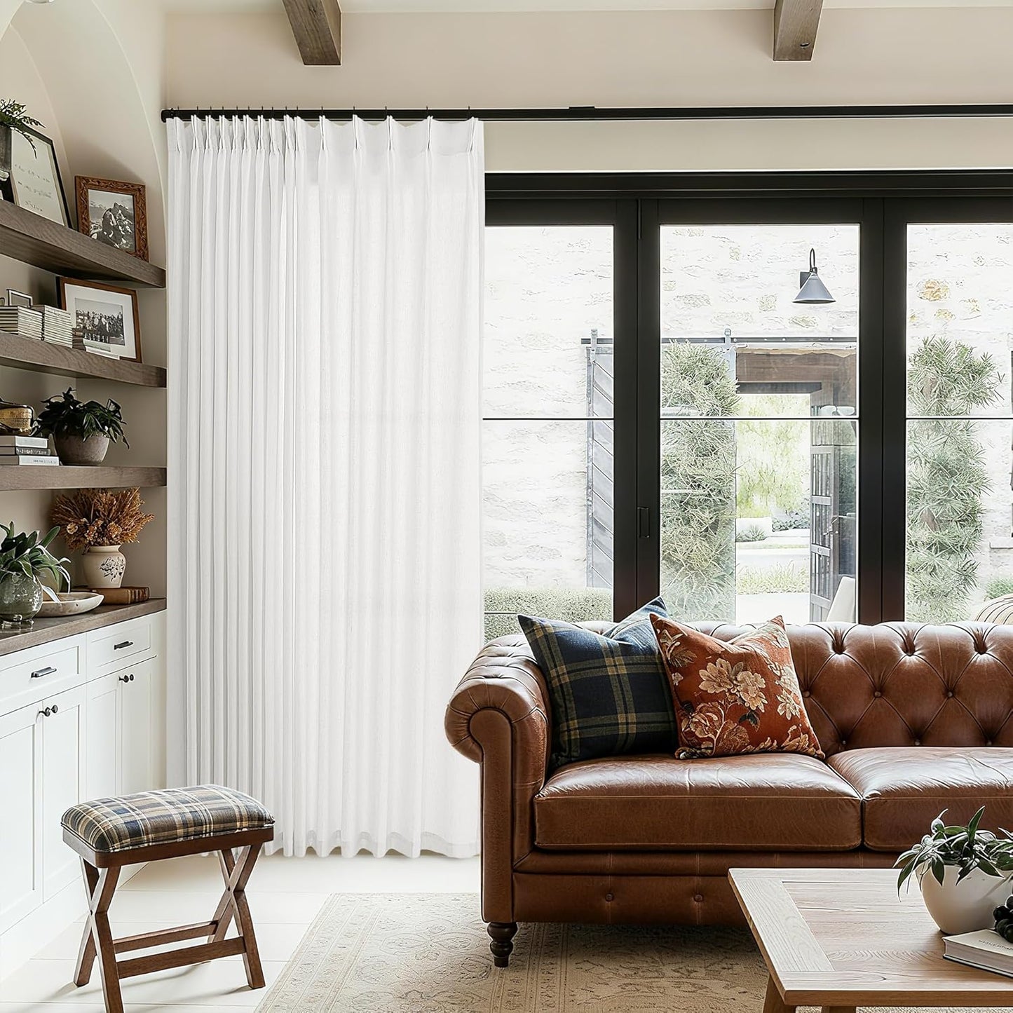 Ivory Linen Sheer Pleated Curtains for Patio Sliding Doors