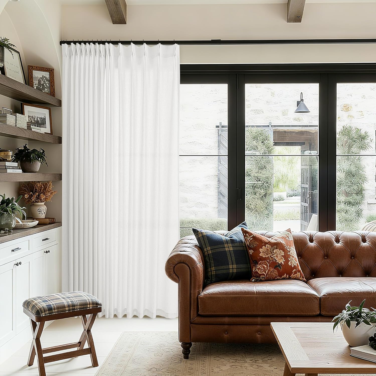 Ivory Linen Sheer Pleated Curtains for Patio Sliding Doors
