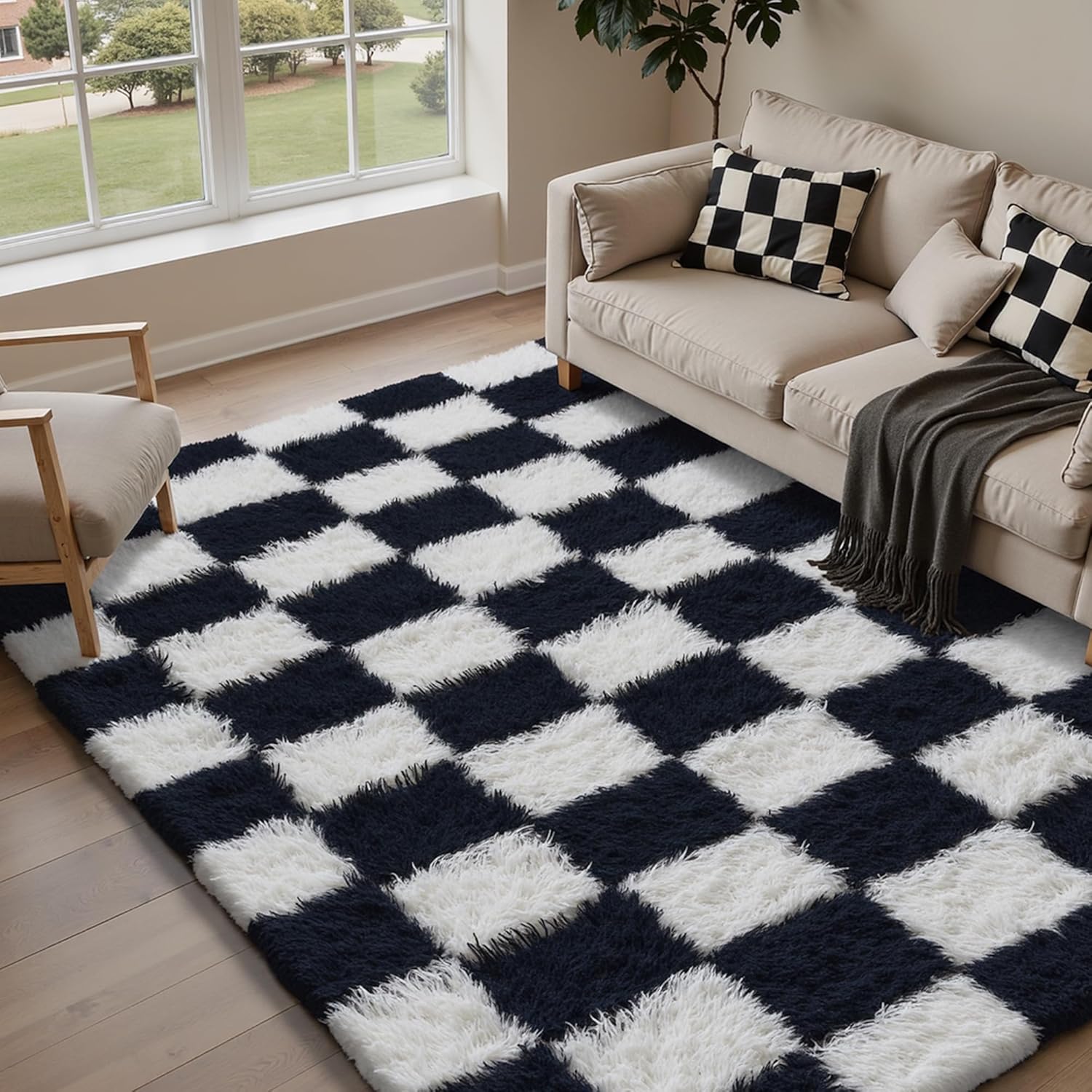 Checkered Rug 5x7 for Living Room, Soft Washable Indoor Carpet