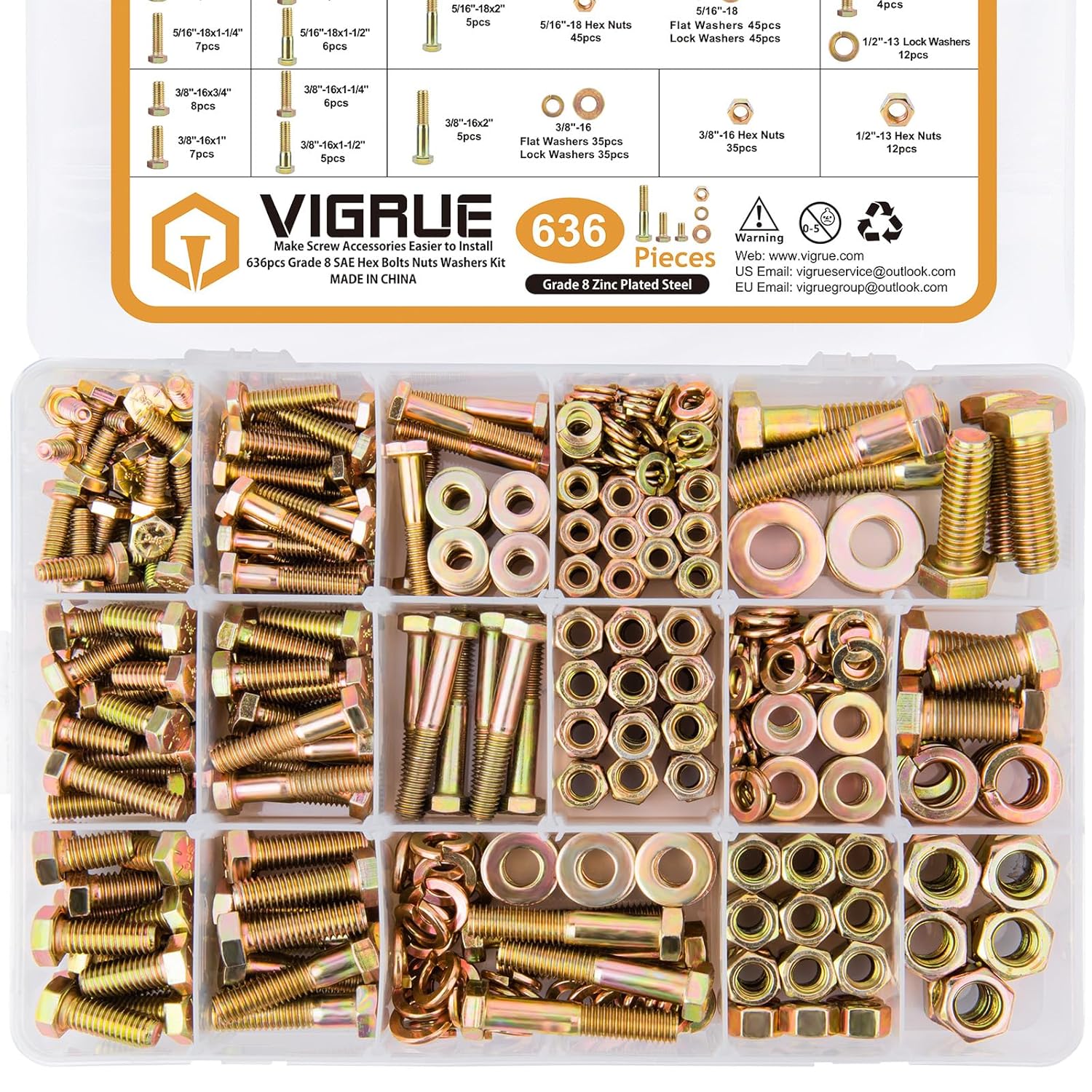 VIGRUE 636PCS Grade 8 Bolt Assortment Kit for Heavy Duty Use
