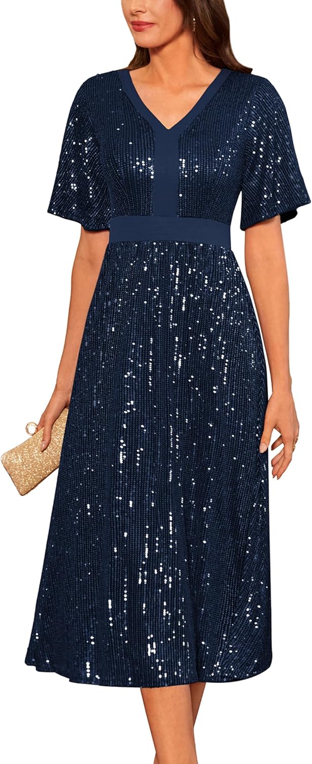 GRACE KARIN Women's Sequin V Neck Ruffle Sleeve A Line Dress