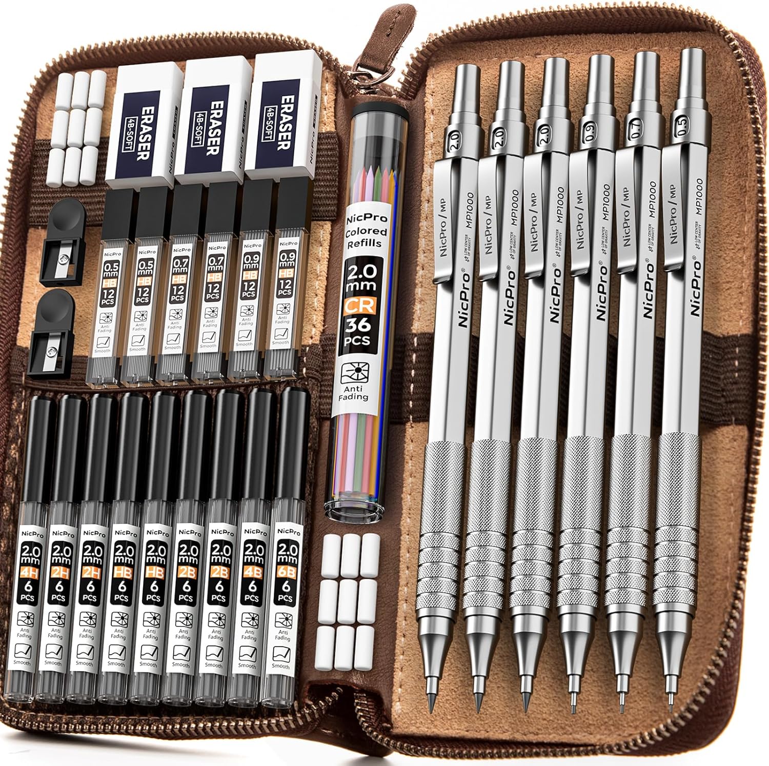Nicpro 30PCS Silver Metal Mechanical Pencils Set for Artists