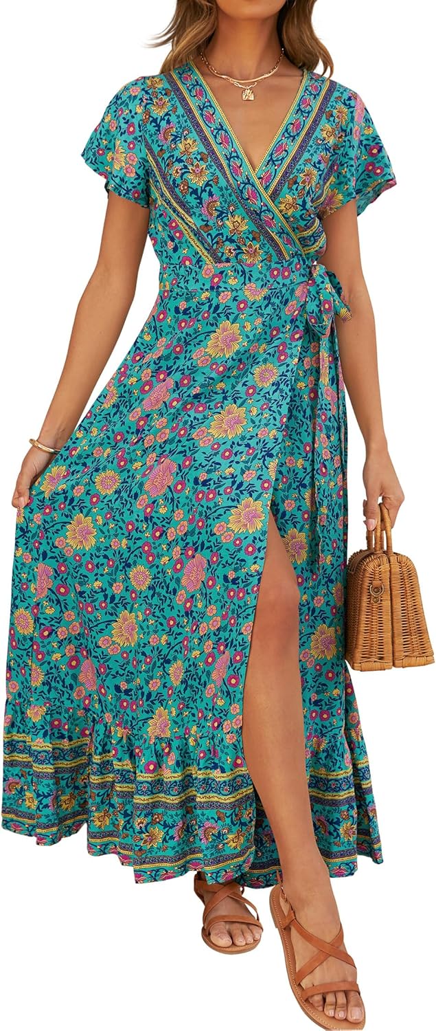 ZESICA Women's Bohemian Floral Printed Wrap Maxi Dress