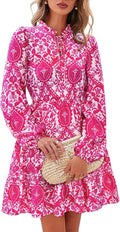 Women Fall Floral V Neck Long Sleeve Tiered Ruffle Mini Dress - Flowy