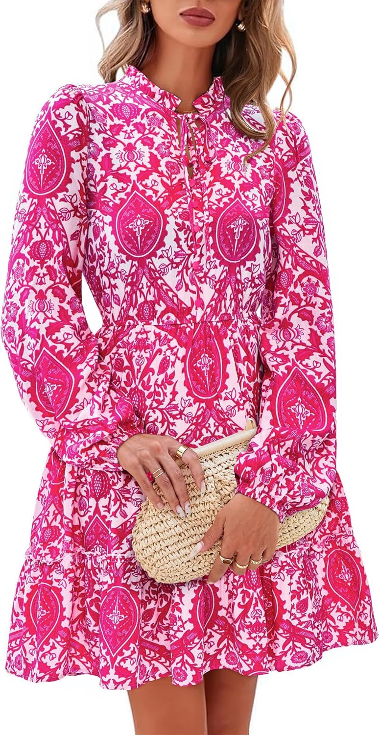 BTFBM Women Fall Dresses 2025 Floral V Neck Long Sleeve Mini