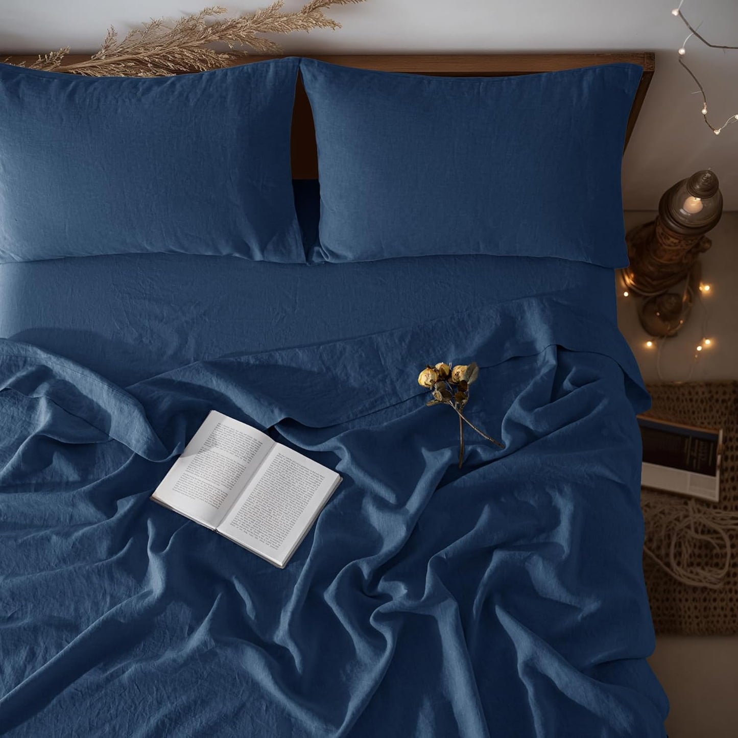 LBRO2M 100% Linen Sheet Set for King Size Beds, Navy Blue