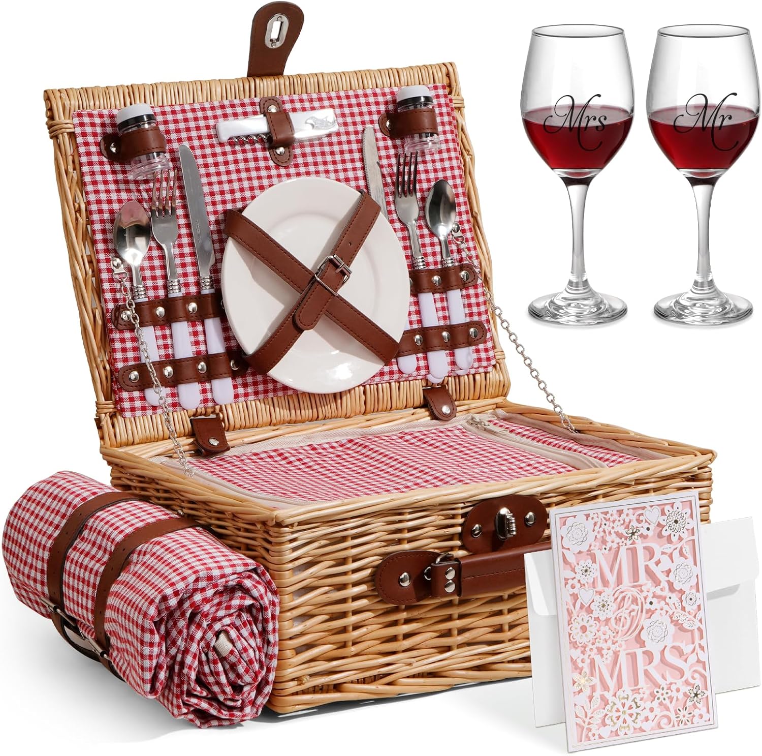 Picnic Basket for 2 with Mr Mrs Glasses - Perfect Wedding Gift