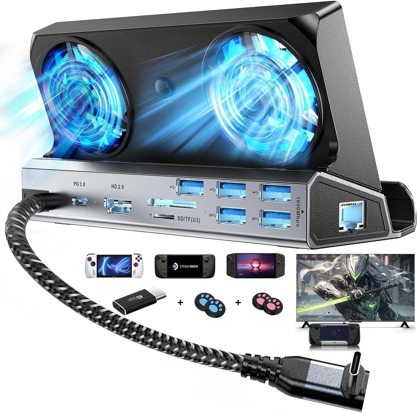 Dual Cooling Fans 13 in 1 Docking Station for Steam Deck Gaming
