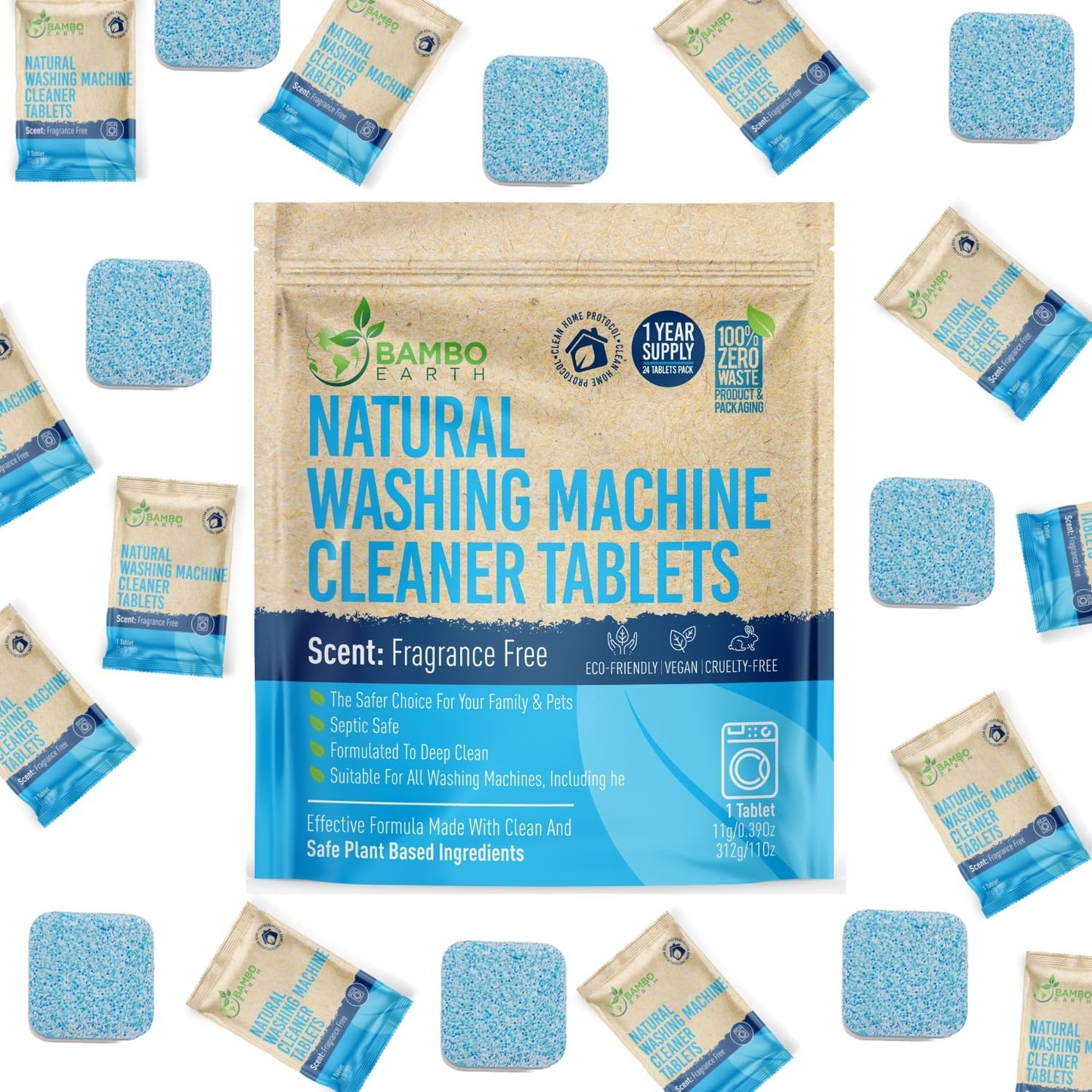 24 Pack Eco-Friendly Washer Cleaner Pods - Plant Based Power by BAMBOEARTH