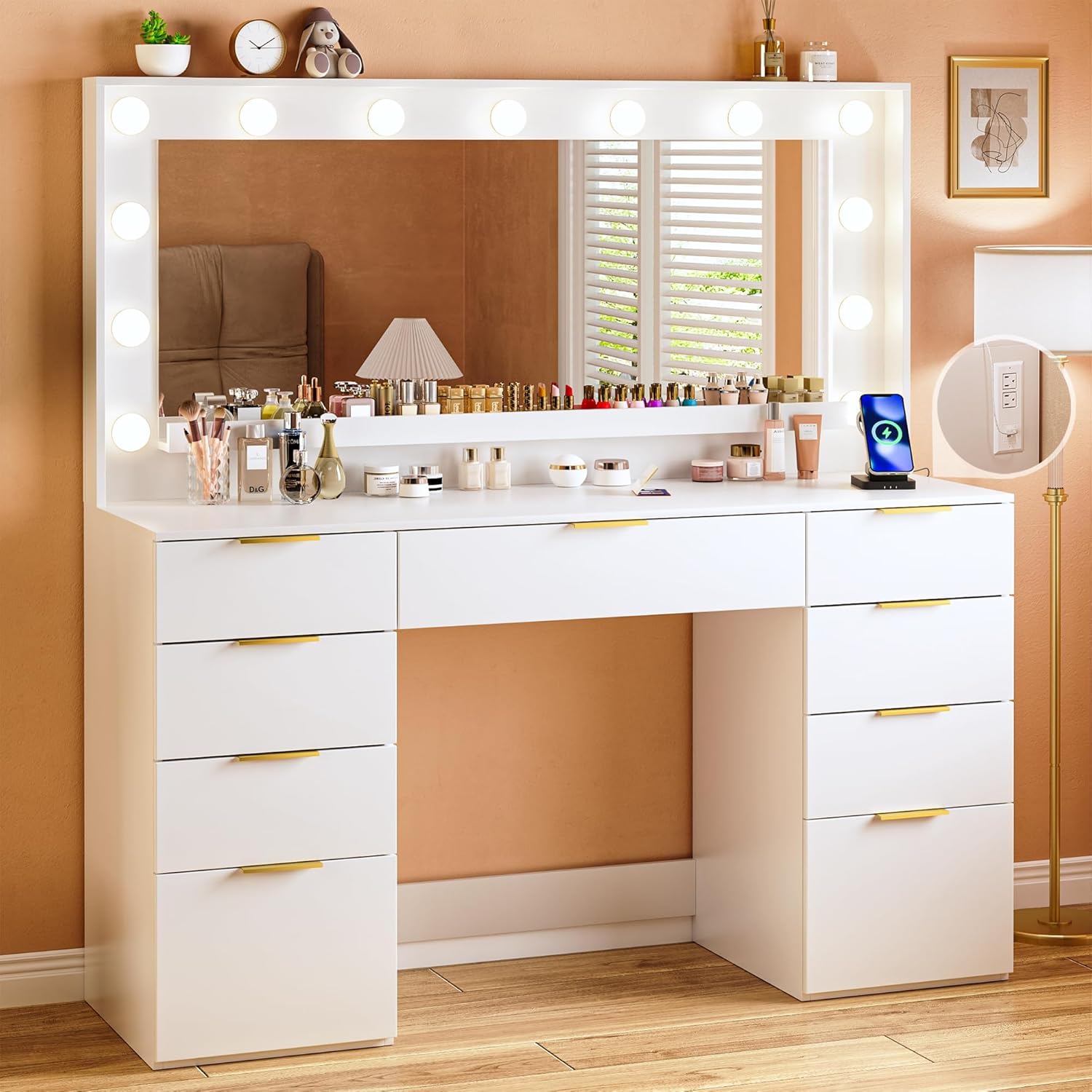 LED-Lit White Vanity Desk, Glam Storage & Power, ALEXNUTRE