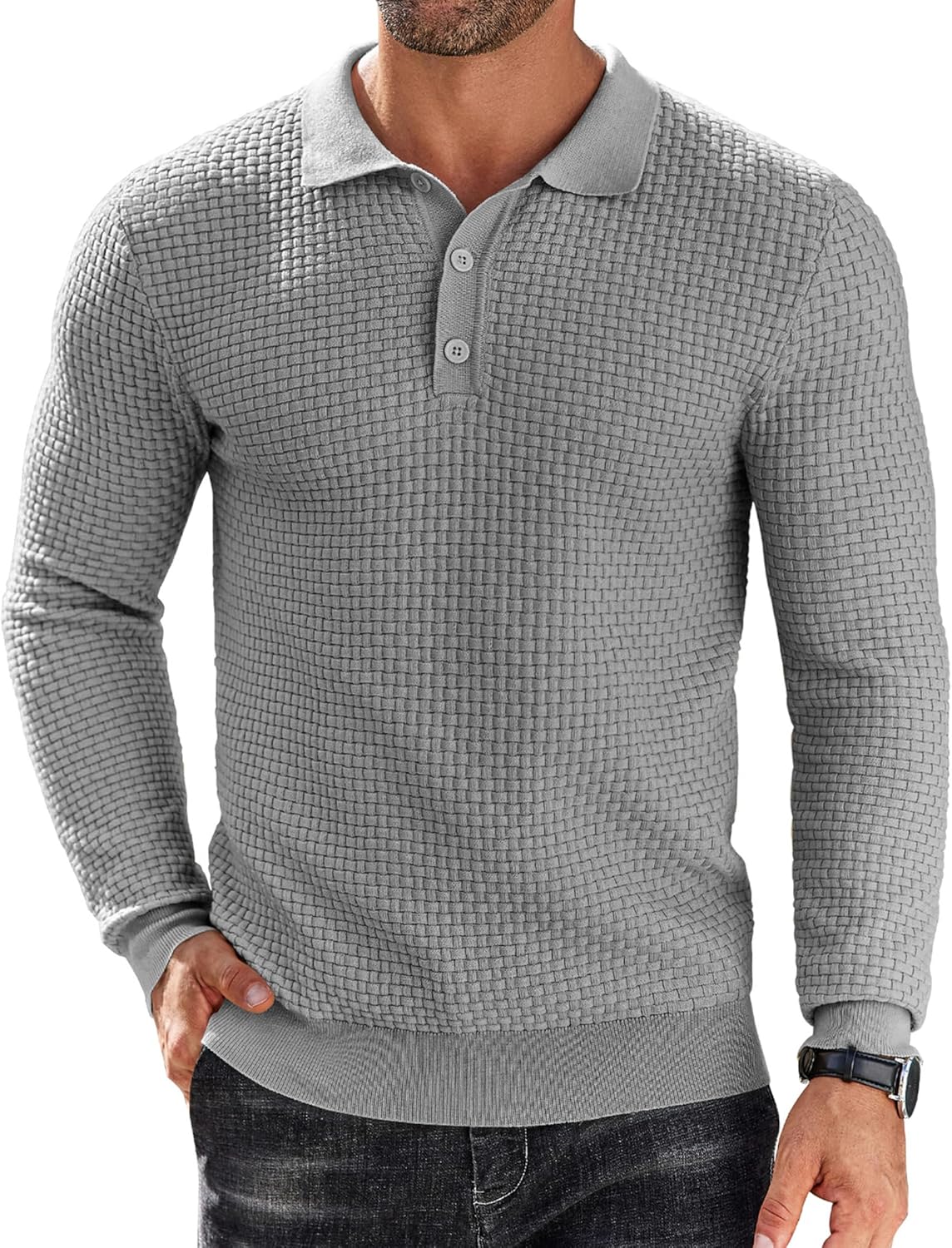 COOFANDY Men's Knit Polo Shirt Long Sleeve Casual Sweater