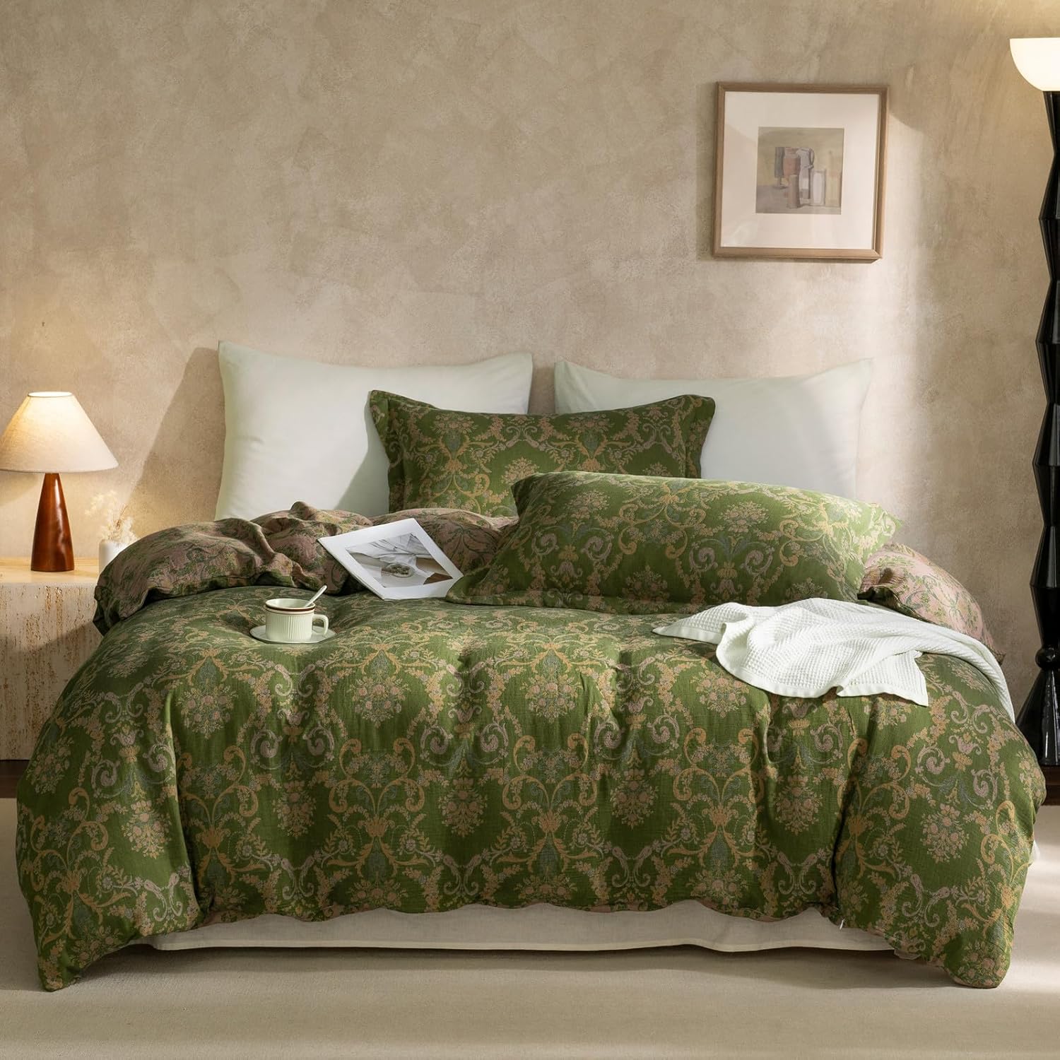 Olive Green Duvet Cover Set King - Reversible Medallion Print