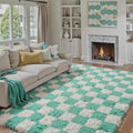 Checkered Rug 6x9 Green and White Modern Shag Rug - Super Soft