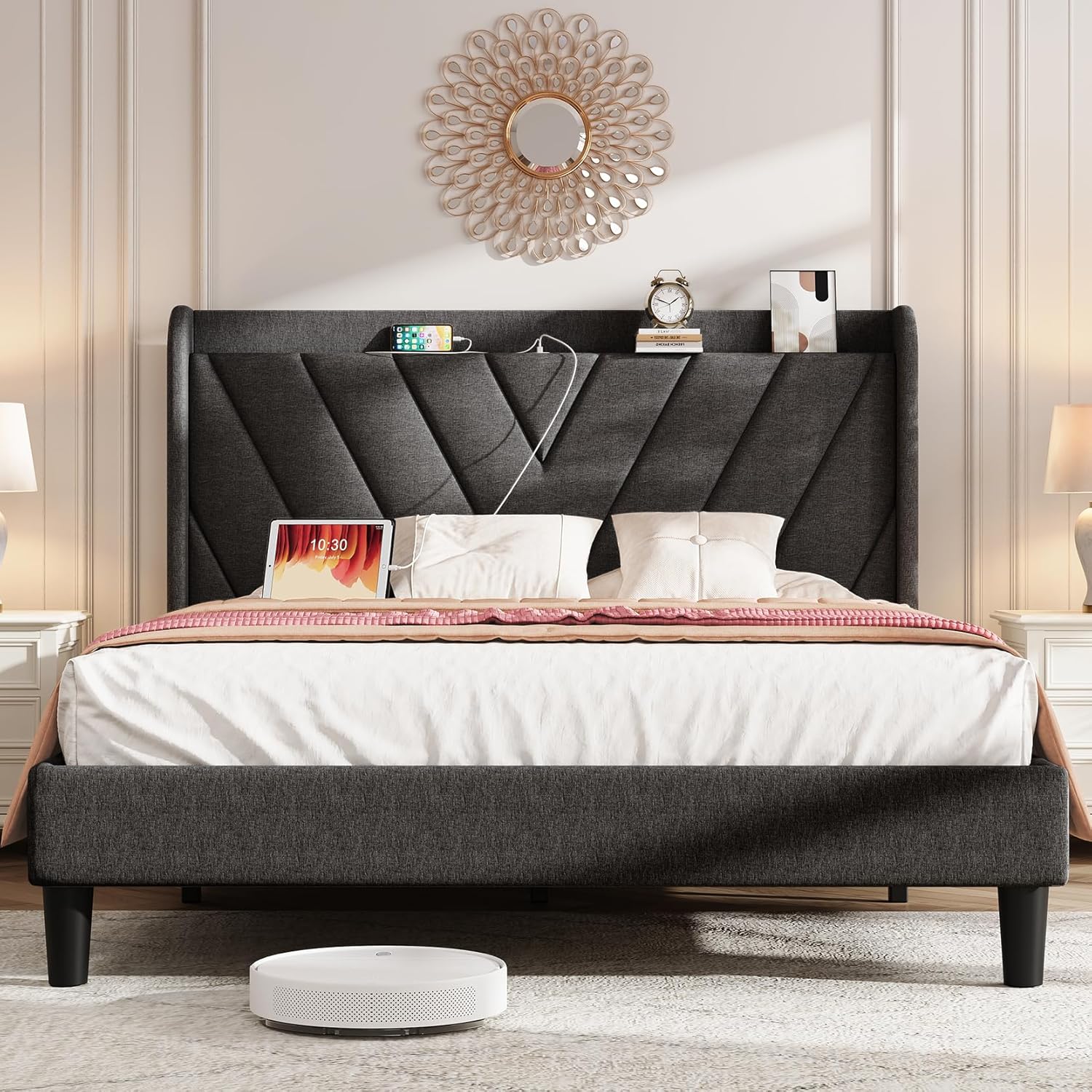Koorlian Full Bed Frame with Adjustable Headboard and USB Ports