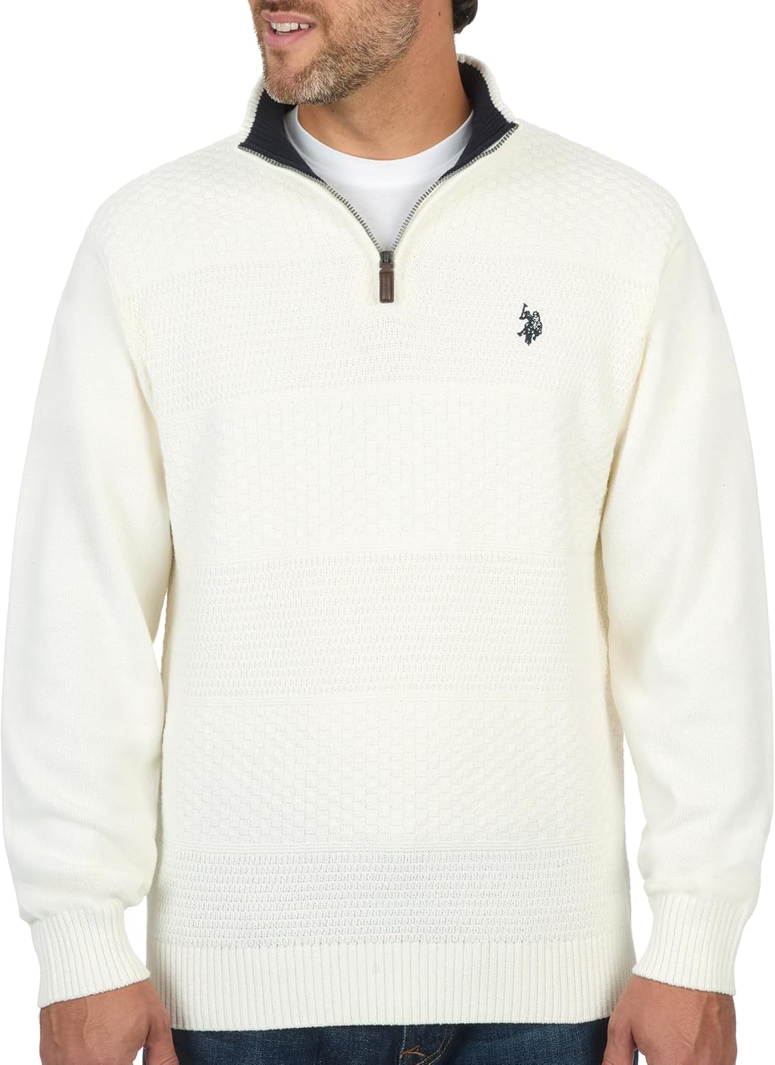 U.S. POLO ASSN. Mens Solid Texture Chest Stripe Pullover Sweater