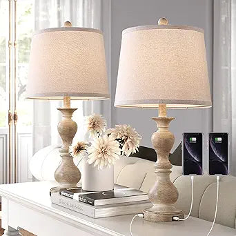Dungoo Farmhouse Table Lamp Set of 2 with USB Ports for Bedroom