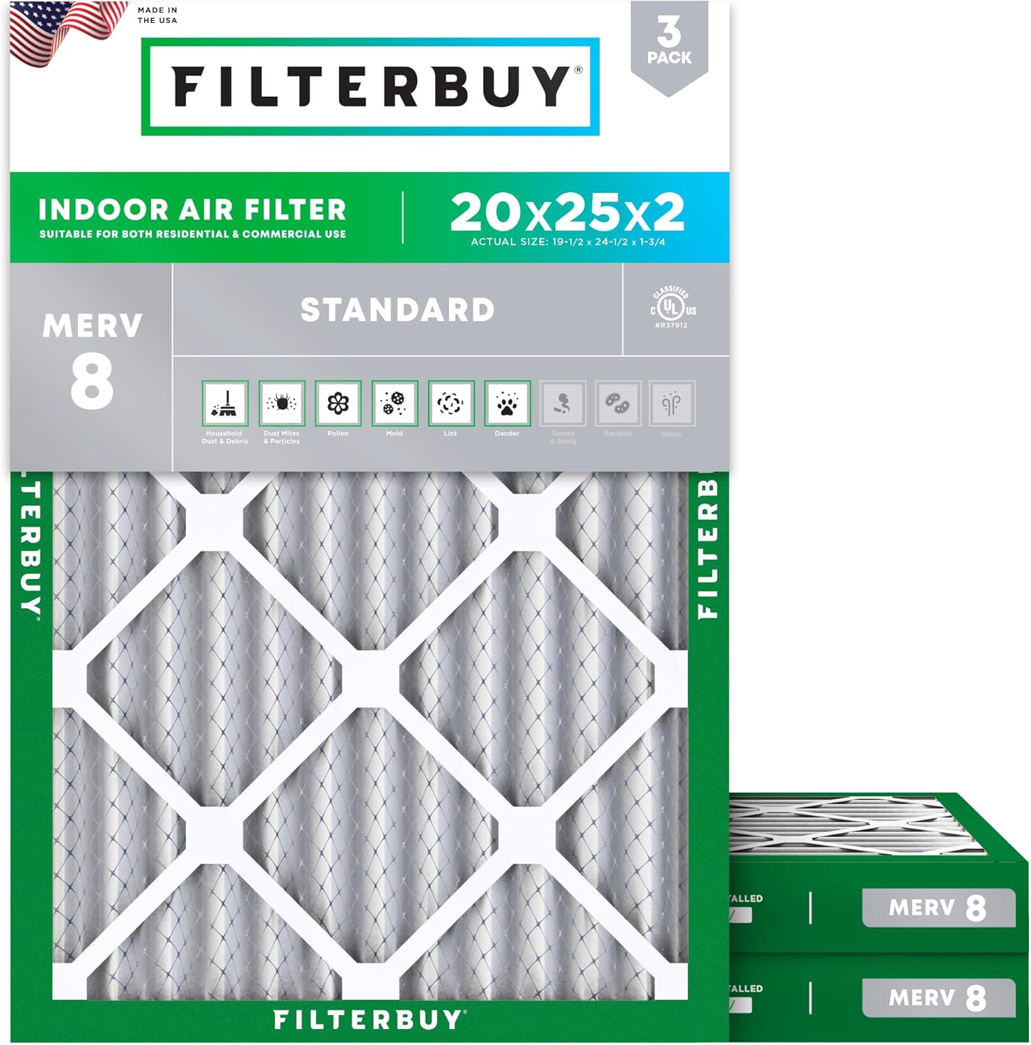 Filterbuy 20x25x2 Air Filter MERV 8 for Dust & Allergy Defense