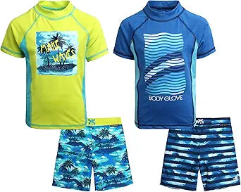 Body Glove Boys' Rash Guard Set - 4 Piece Swimwear for Kids