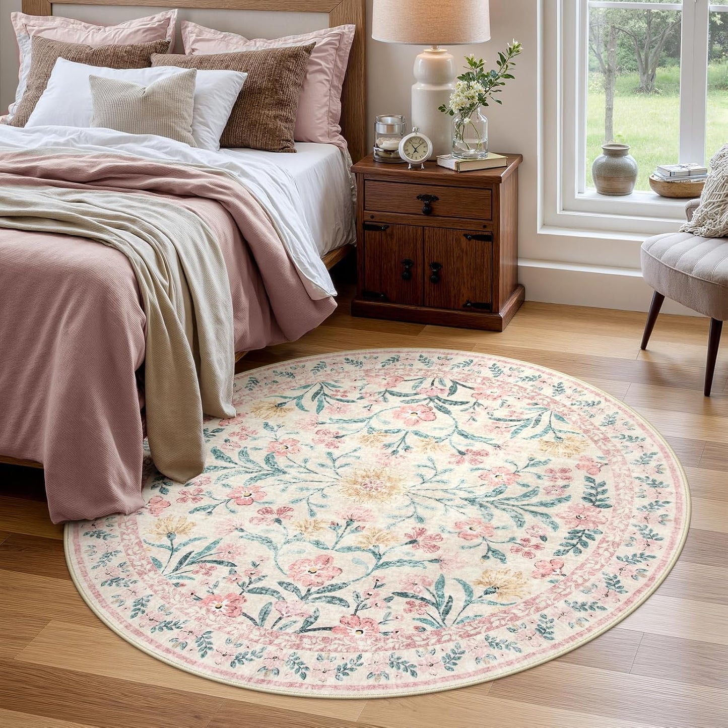 Wonnitar Pink Floral Round Rugs 5ft - Soft Non Slip Carpet