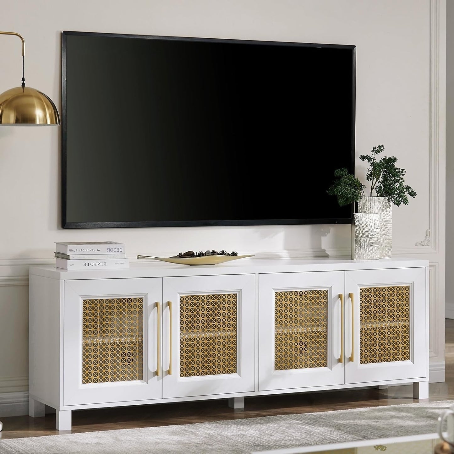 Boho Chic White TV Stand - Stylish & Spacious