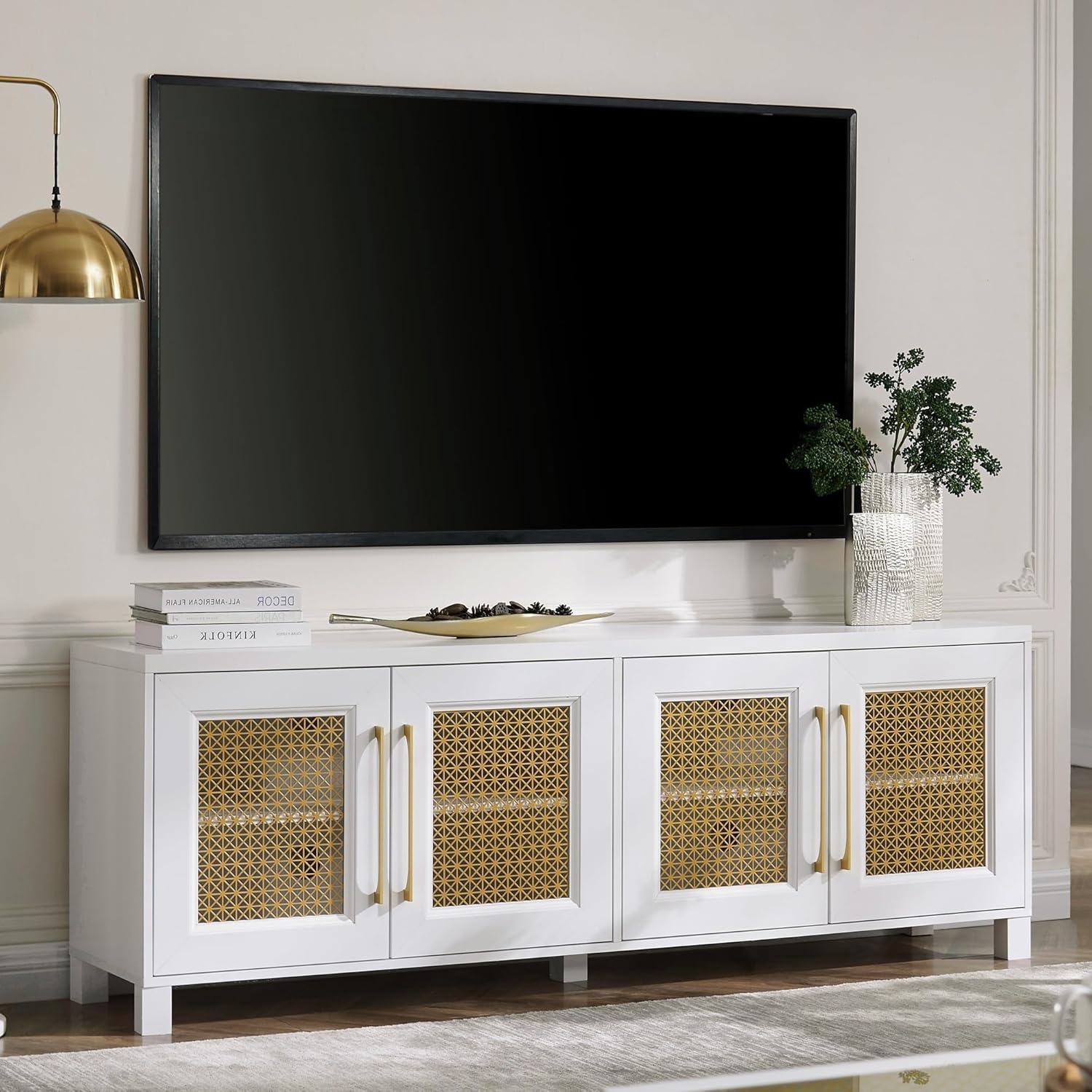 Boho Chic White TV Stand - Stylish & Spacious