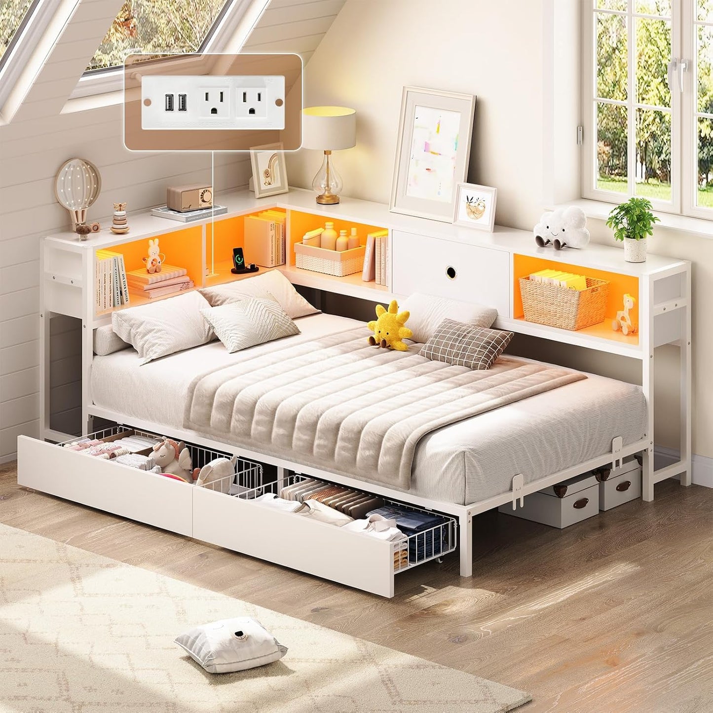 Hasuit Twin Corner Bed Frame with Storage and LED Lights