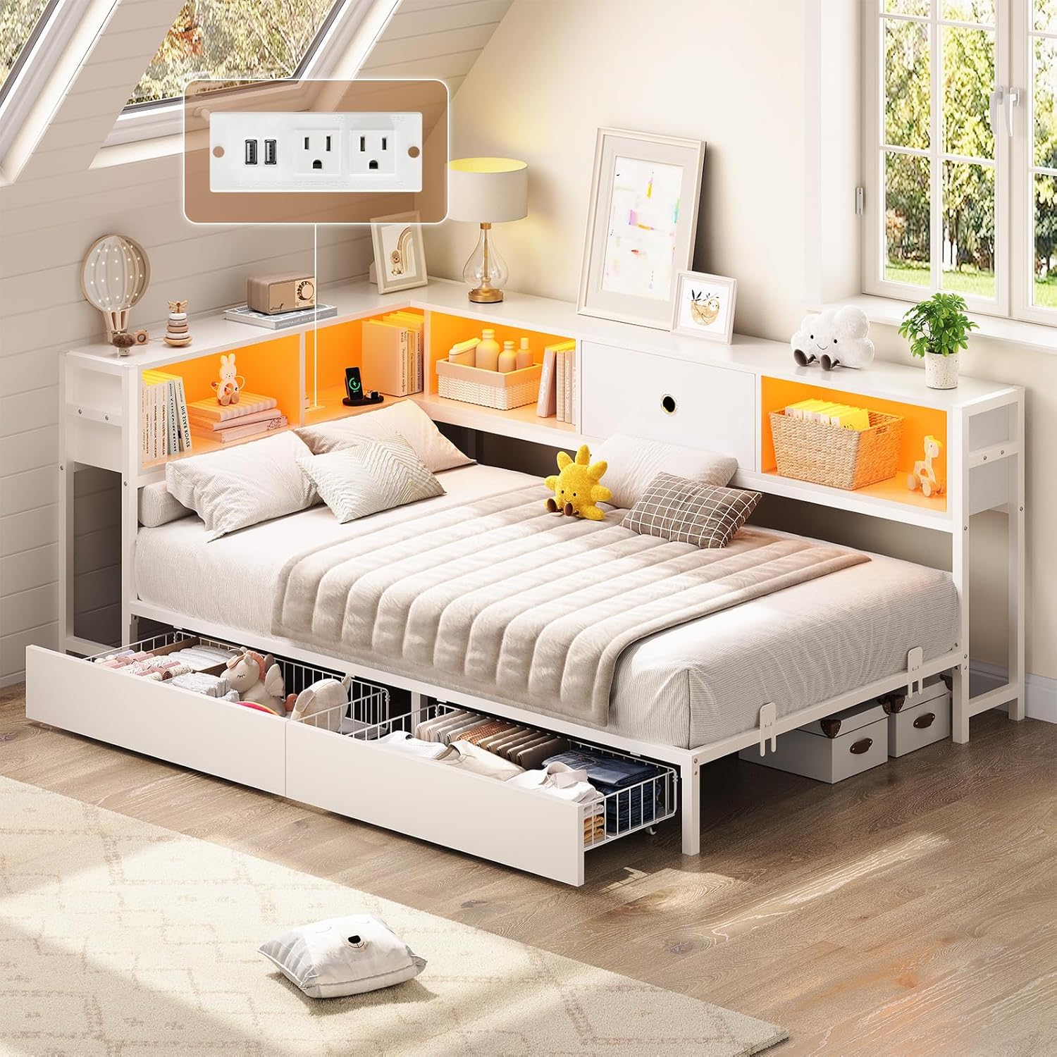 Hasuit Twin Corner Bed Frame with Storage and LED Lights