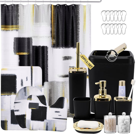 Black Bathroom Accessories Set with Shower Curtain and Rugs