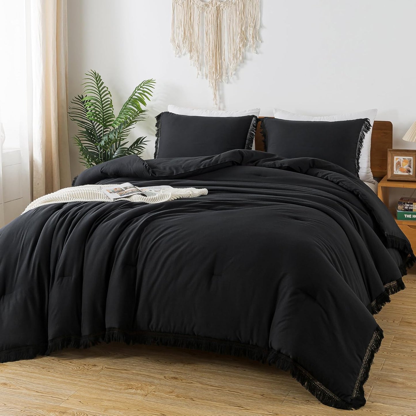 Andency Black Comforter Set Queen with Boho Tassel Design