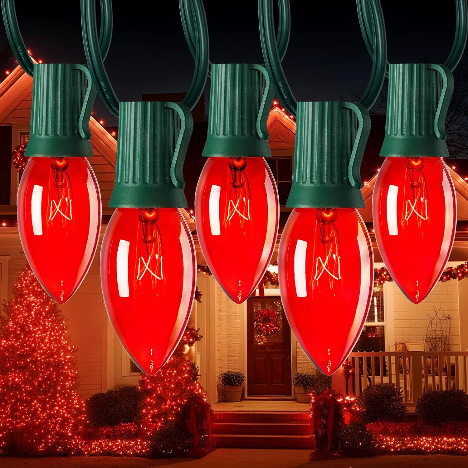 C9 Christmas String Light Red 50ft Vintage Holiday Decor
