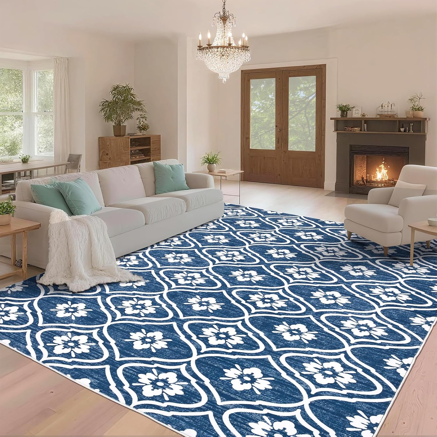8x10 Ft Washable Blue Rug for Living Room and Kitchen Use
