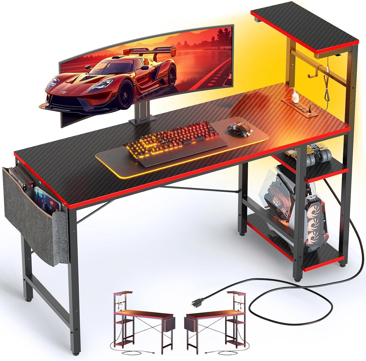 Bestier Gaming Desk with Power Outlets and LED Lights
