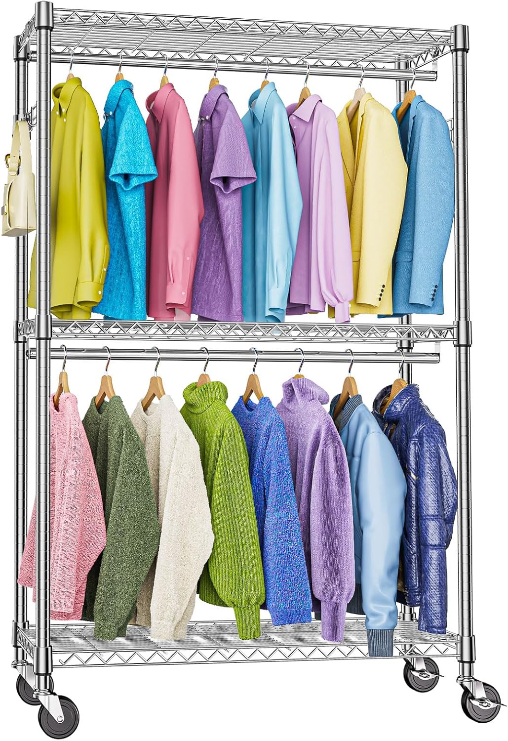 Heavy Duty Rolling Garment Rack with Adjustable Shelving and Hooks
