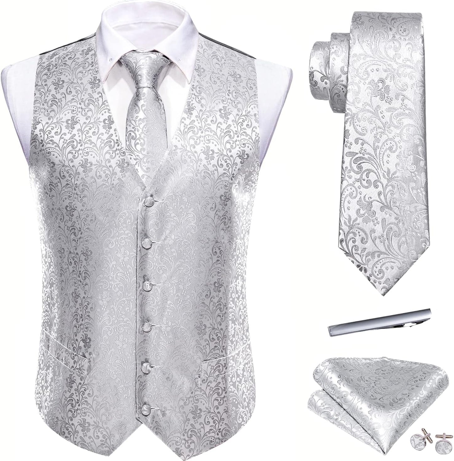 Barry.Wang Mens Suit Vest Set with Silk Jacquard Waistcoat & Tie