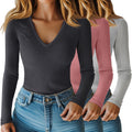 Riyiper 3 Pack Women Long Sleeve V Neck Ribbed Shirts - Slim Fit