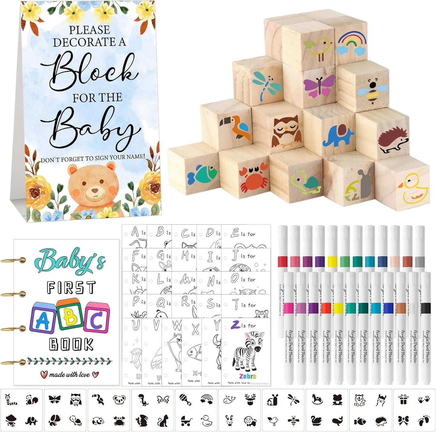 146 Pcs Baby Shower Game Sign Set with DIY Wooden Blocks