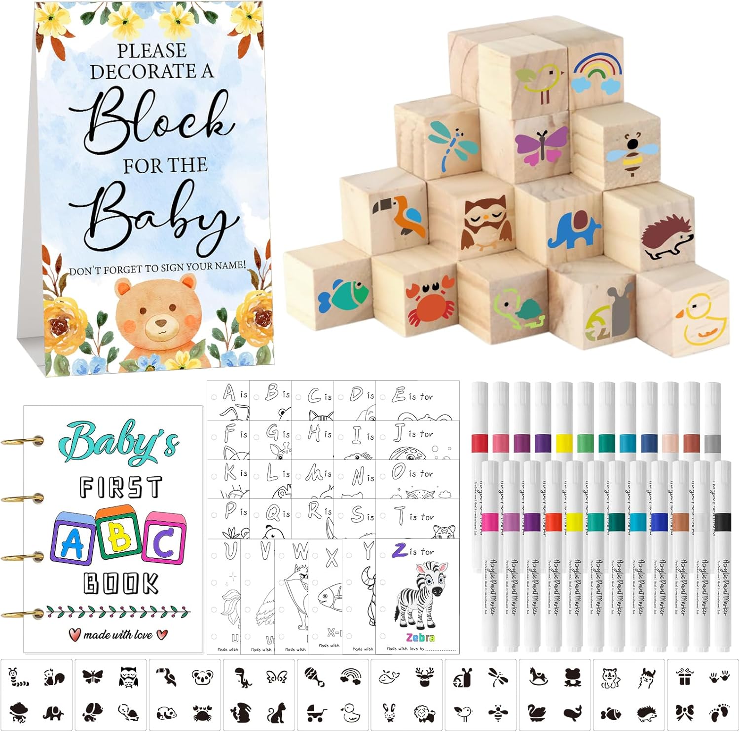 146 Pcs Baby Shower Game Sign Set with DIY Wooden Blocks