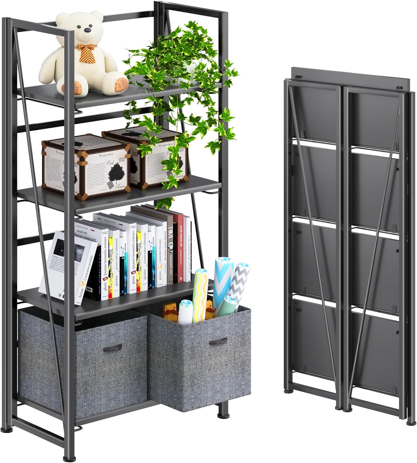 4NM No Assembly Folding Bookshelf for Home Office Storage