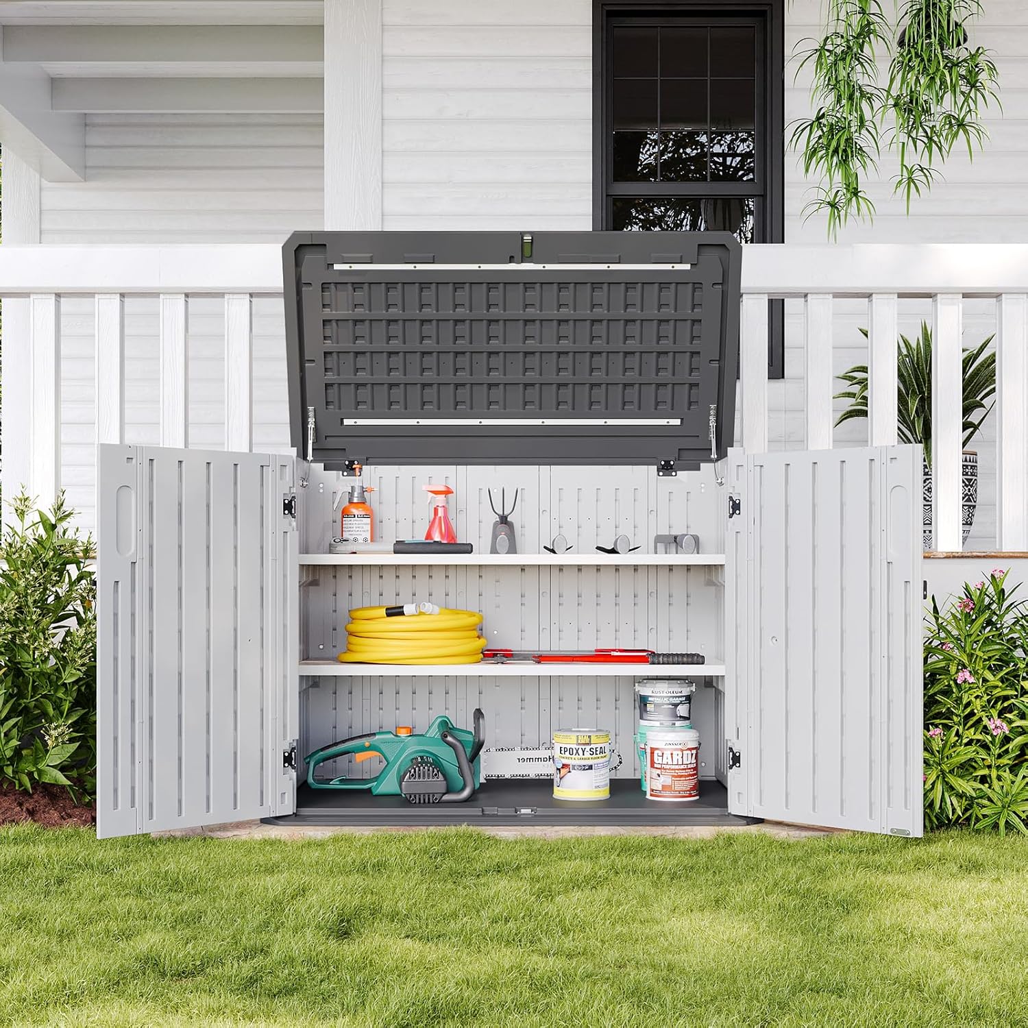 Aoxun White Outdoor Storage Cabinet for Trash Can and Tools