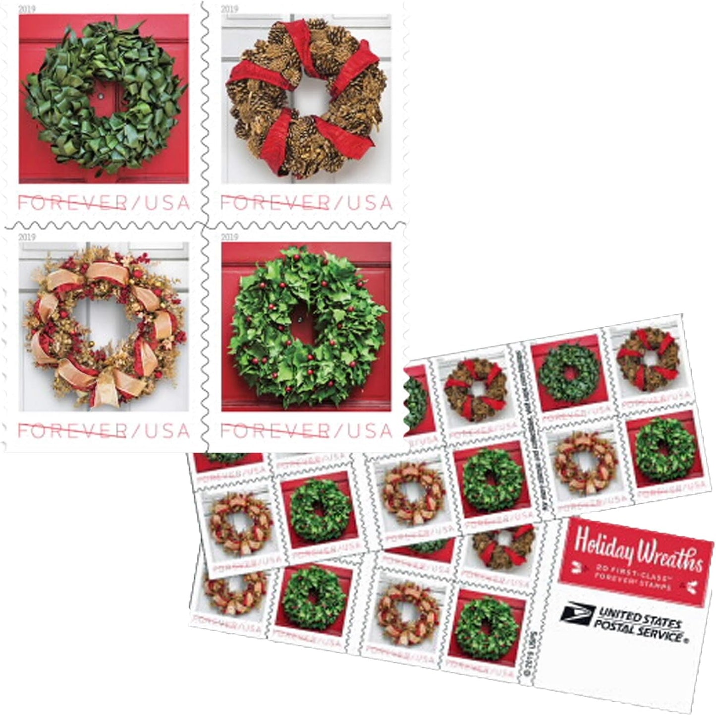Holiday Wreaths Book of 20 Forever Stamps for Christmas Cheer
