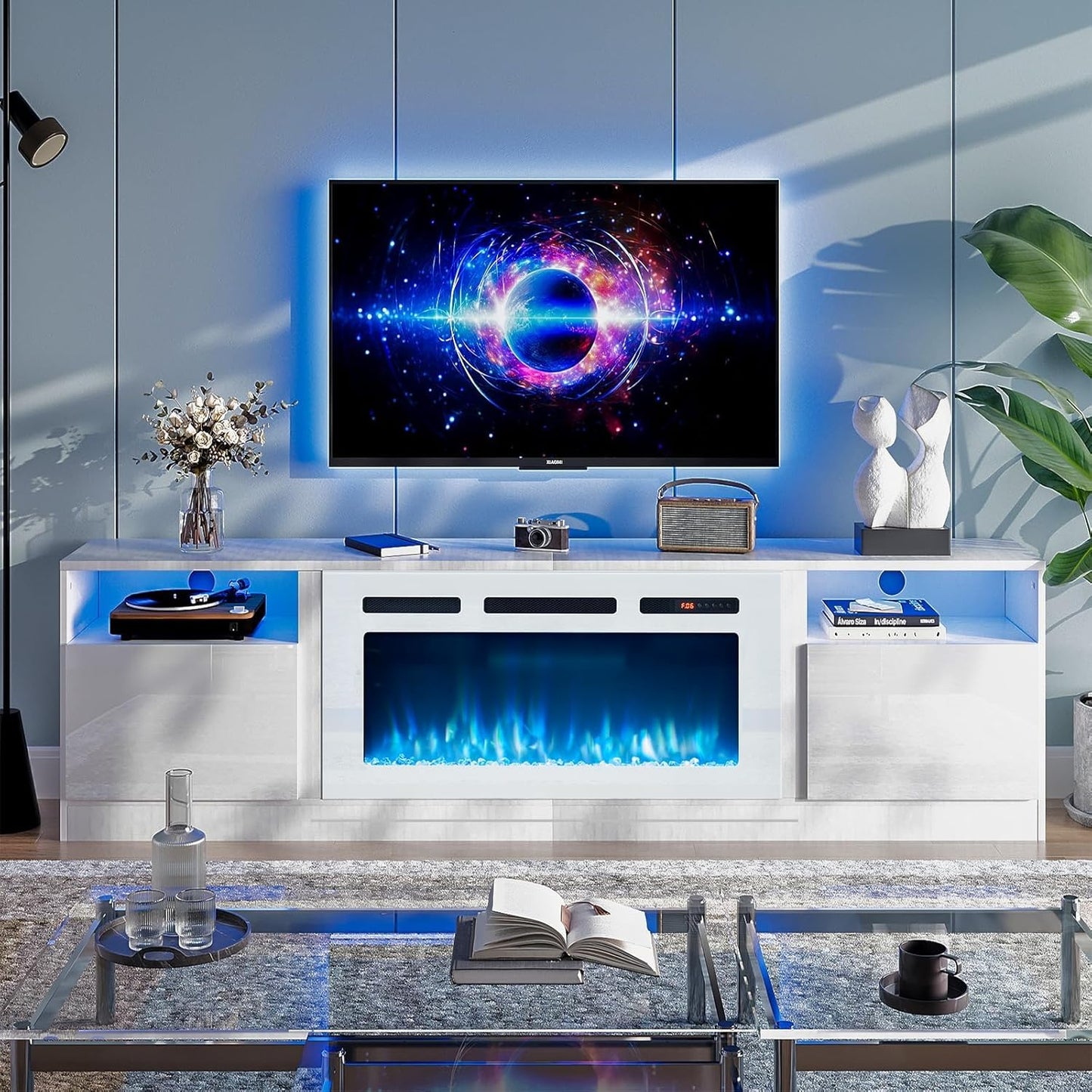 oneinmil 80 TV Stand with Electric Fireplace and LED Lights