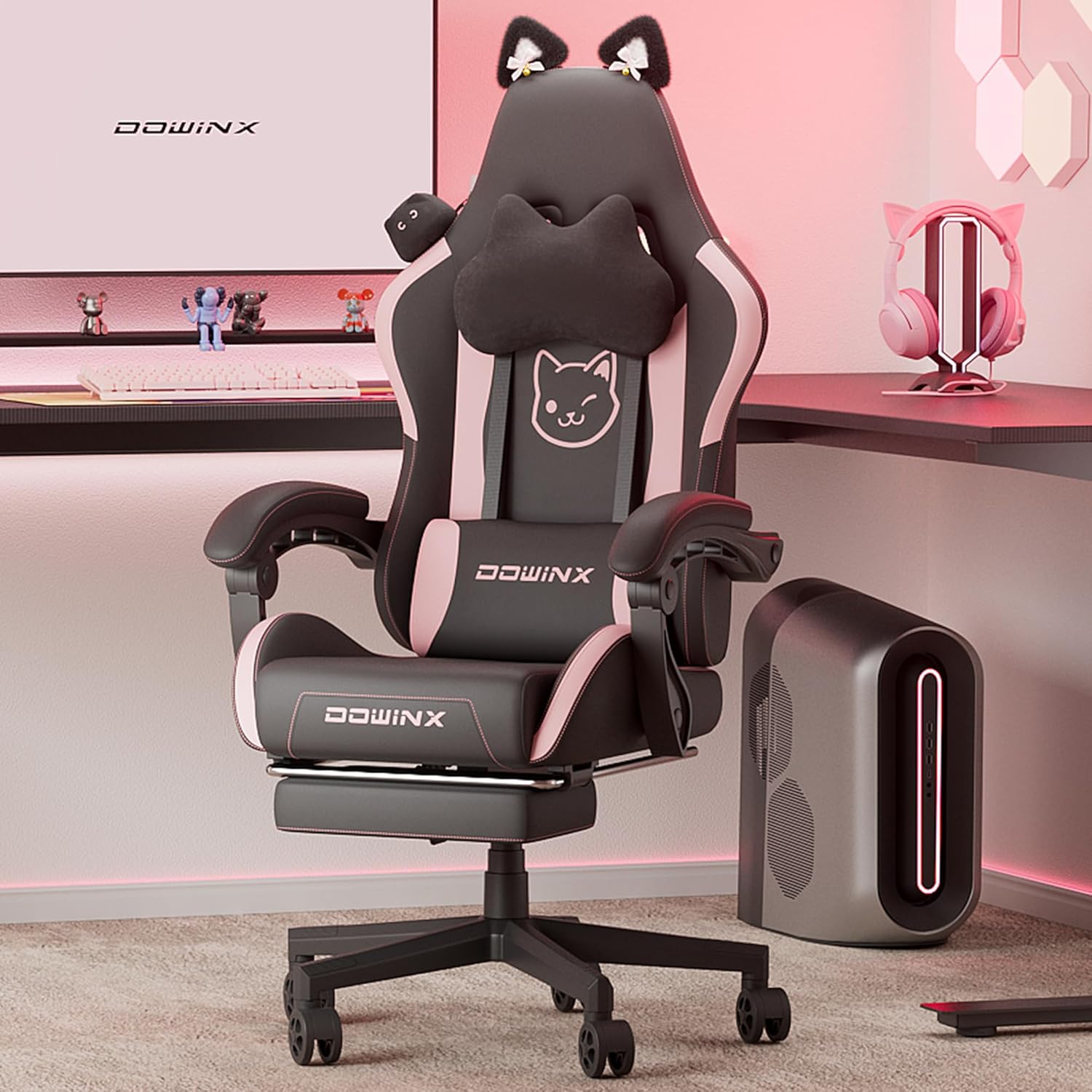 Dowinx Cute Cat-Ear Gaming Chair with Massage Lumbar Support