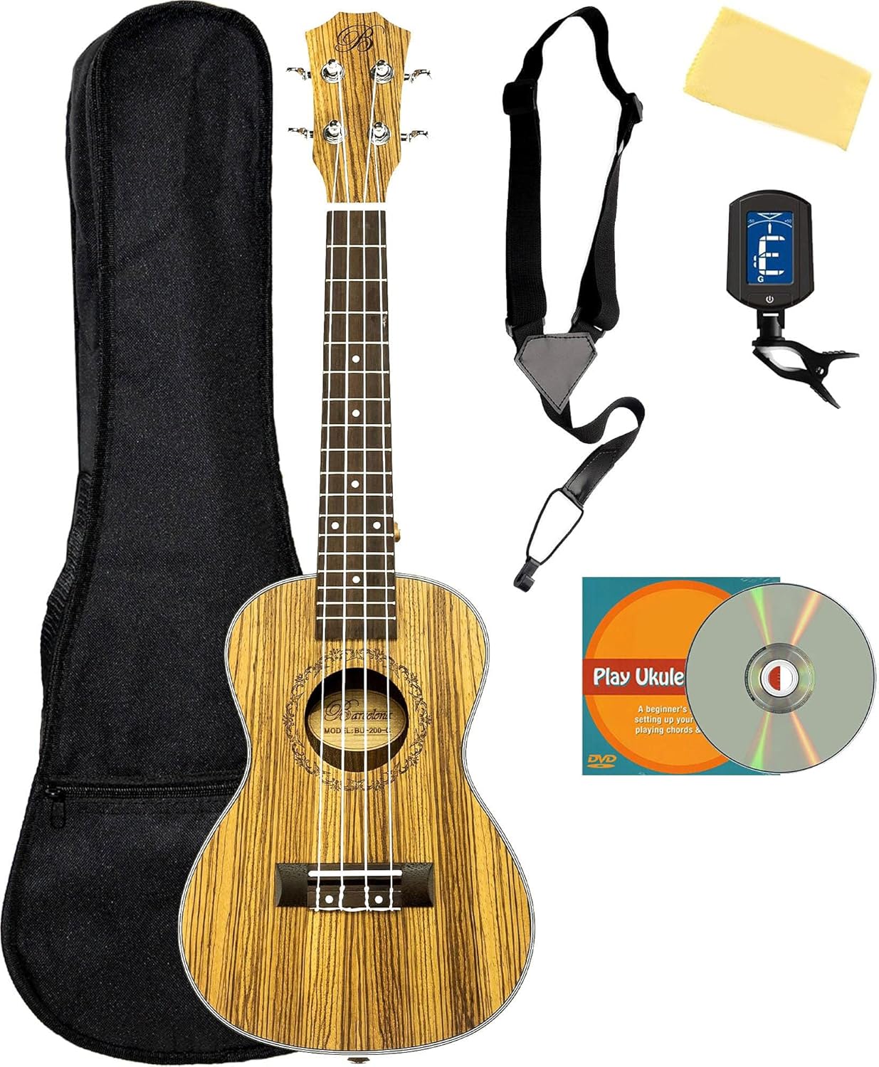 Barcelona Zebra Wood Concert Ukulele Bundle with Gig Bag