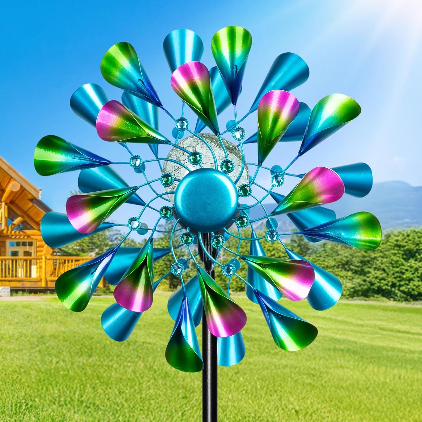 60ft' Wind Spinner with Color Glass Ball Solar Lights for Garden