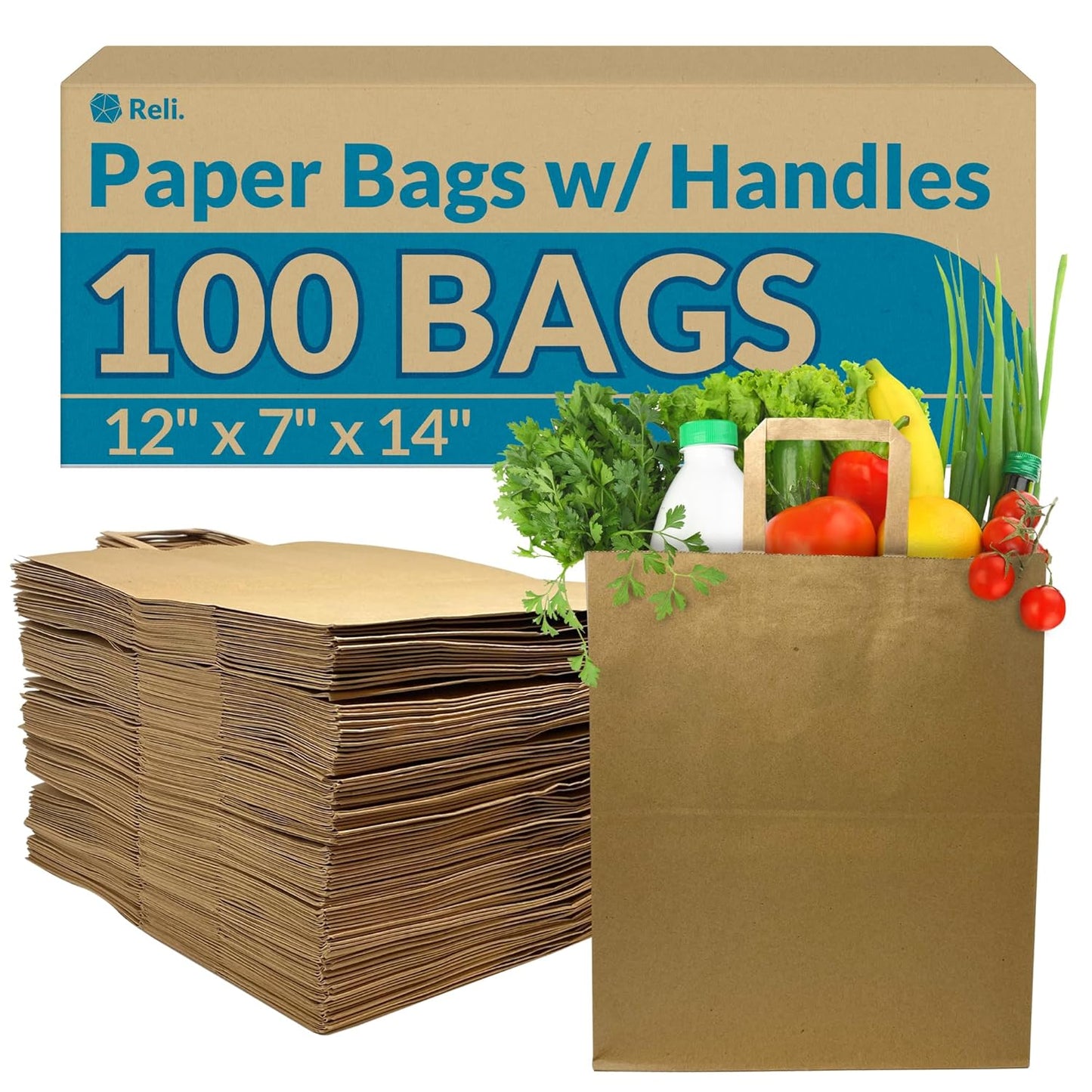 Reli. Paper Grocery Bags w/Handles - Heavy Duty & Large